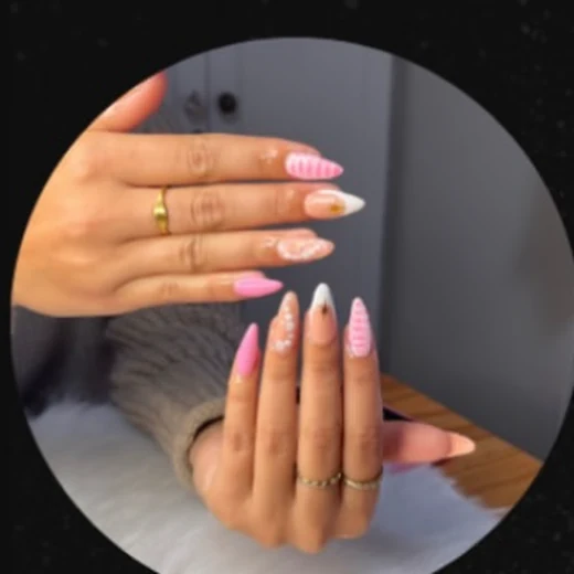 A finished pink and white gel set by BBB salon